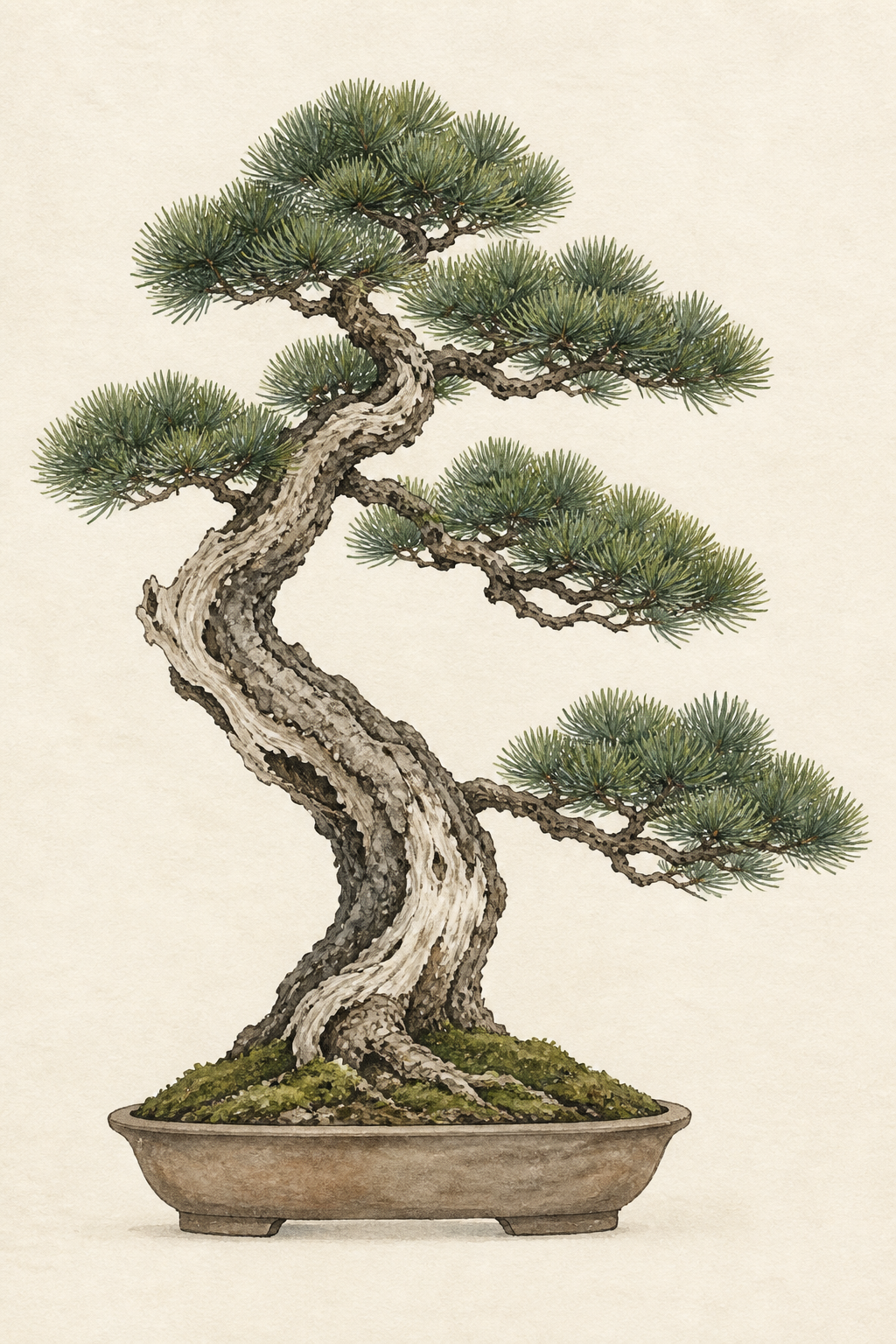 Matsu Bonsai, an original pine bonsai ink and watercolor study on ivory